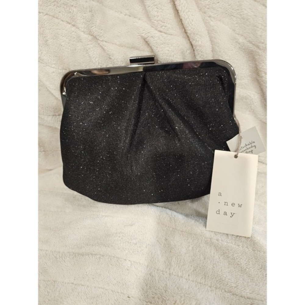 A New Day Black Glitter Clutch Crossbody Formal Handbag Chain Strap Purse NWT 44